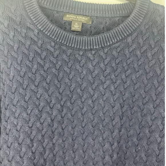 Banana Republic Organic Cotton Cable Knit Crewneck Sweater Men's Large Navy VTG - Picture 2 of 7